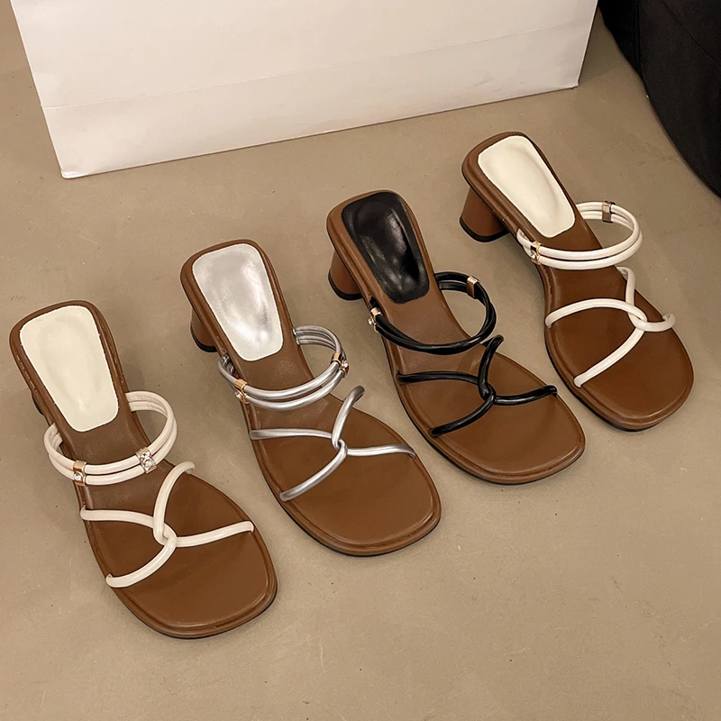 

2025 New Summer Concise Narrow Band Women Slippers Fashion Thick Heels Party Pumps Mules Slide Shoes