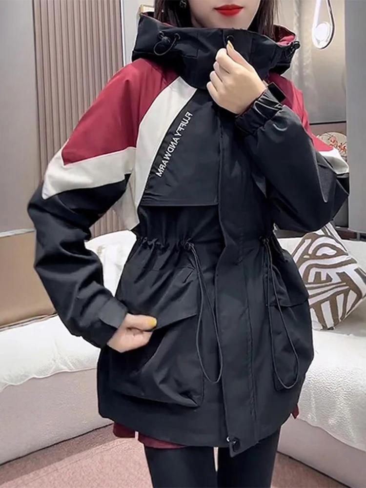 

Утепленная хлопковая ветровка в стиле пэчворк, свободная верхняя одежда с капюшоном, средней длины, новинка, женское модное пальто для осеннего сезона