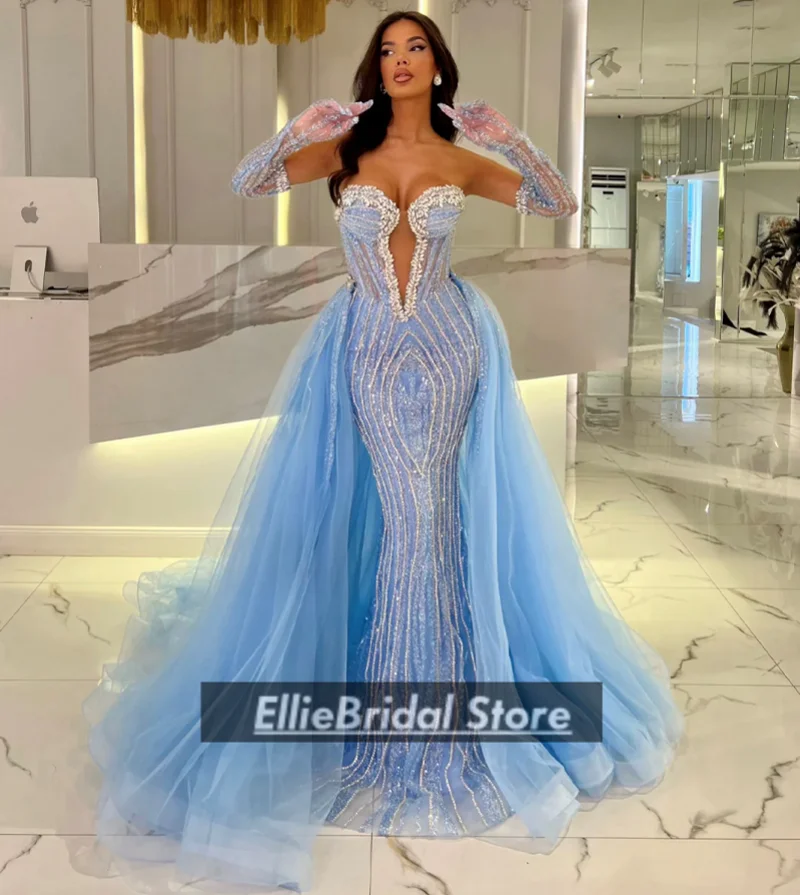 Eleganti abiti da sera azzurri per ragazze africane Abito da cerimonia nuziale con paillettes di cristallo di lusso con strascico staccabile personalizzato