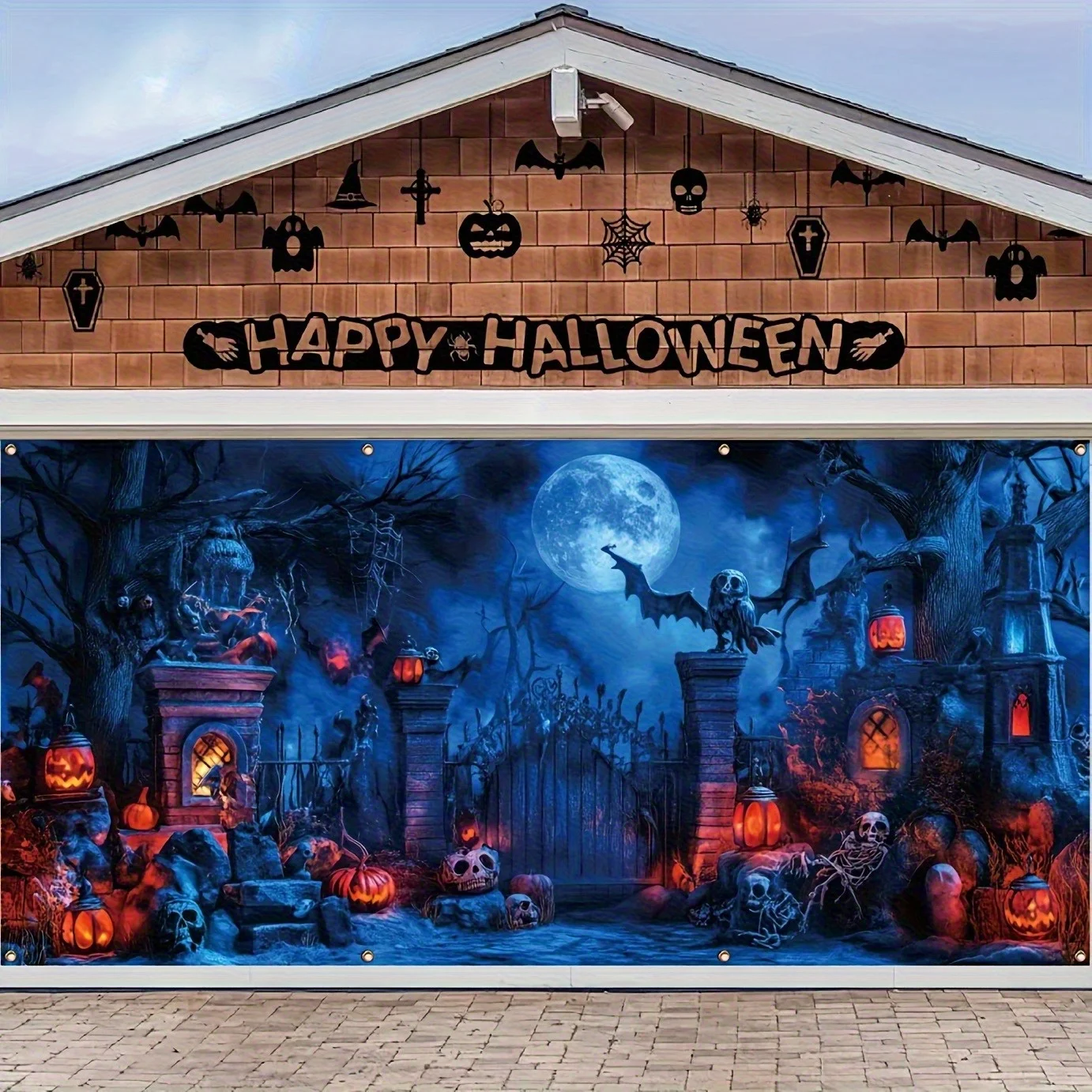 1 x flacher 2D-Halloween-Garagenbanner-Hintergrund mit Totenkopf, nacktem Baum- und Geisterlichtern-Design, kein Strom erforderlich