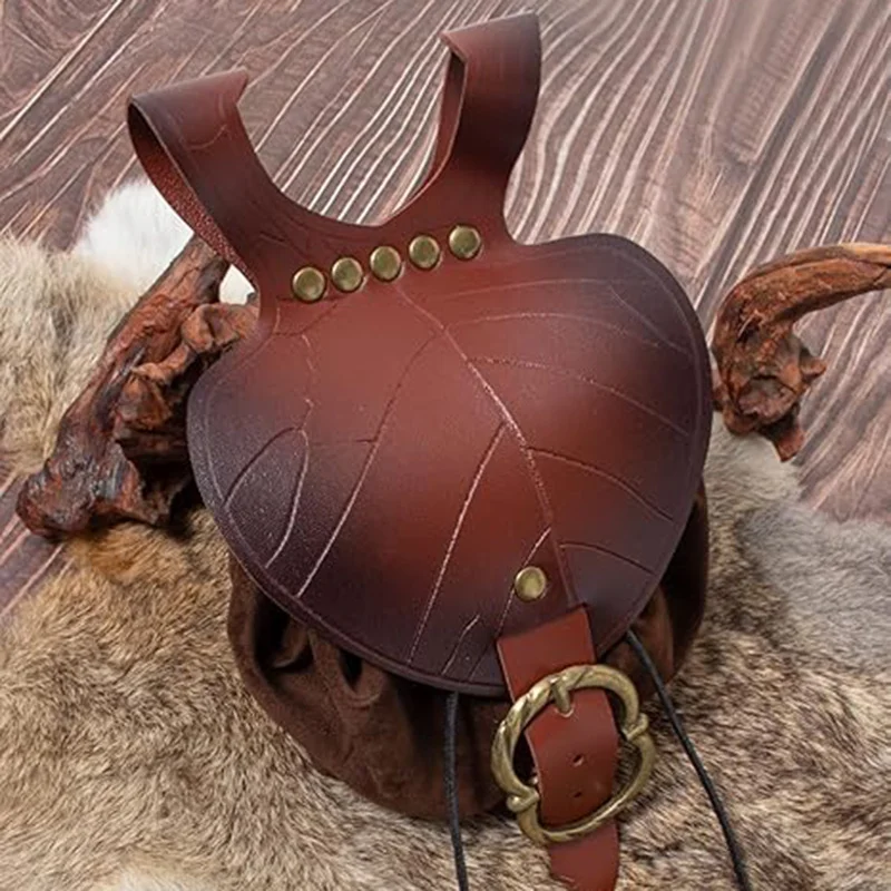 Medieval Vintage PU Waist Belt Bag Fashion Leaf-patterned Waist Bag Unisex Portable Drawstring Coin Purse for Renaissance Fairs Cosplay