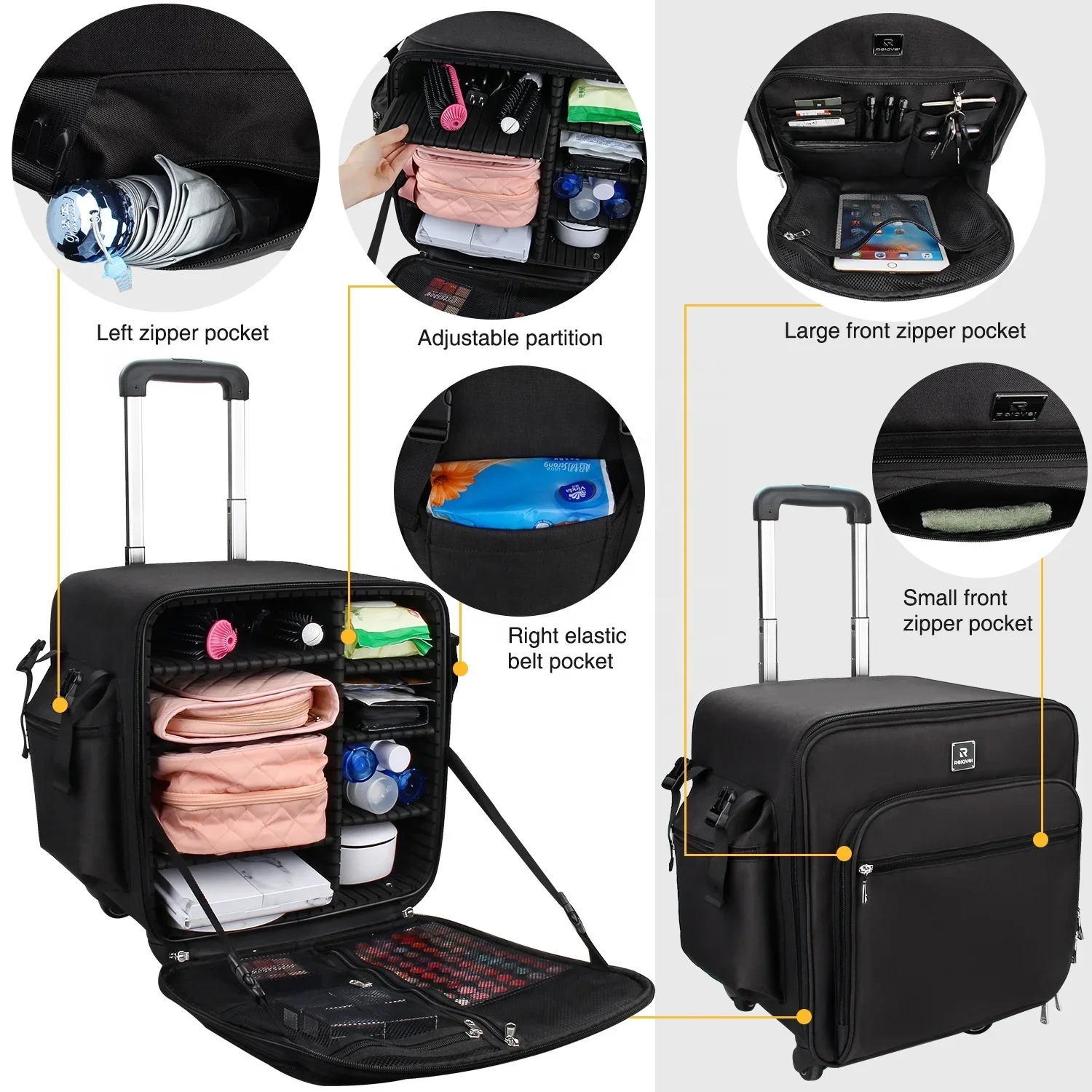 -for Relavel Professional Rolling Black Nylon Cosmetic Cases 4 In 1 Makeup Train Case Travel Cosmetic Bags For Makeup Artist view 4