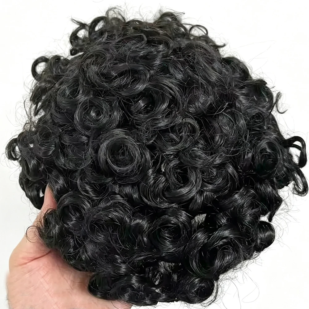 Herren-Toupet aus strapazierfähigem, braunem, 20 mm und 26 mm lockigem, 100 % Echthaar, feines Mono-Netz, Spitze, PU-Basis, Perücken, Haarprothesen-Systeme, Haarstücke – Detail 5