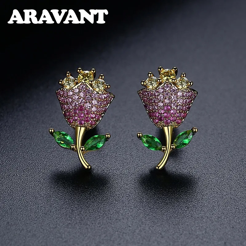 

ARAVANT 925 Silver Sweet Red Roses Flower Zircon Stud Earring For Women Fashion Jewelry