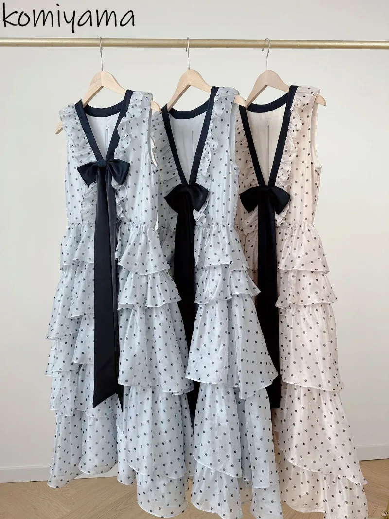 

Cascading Ruffles Dresses Woman Deep V-neck Bow Dress Dot Print 2025 Vestidos Summer New Robe Japan High Waist Ropa De Mujer