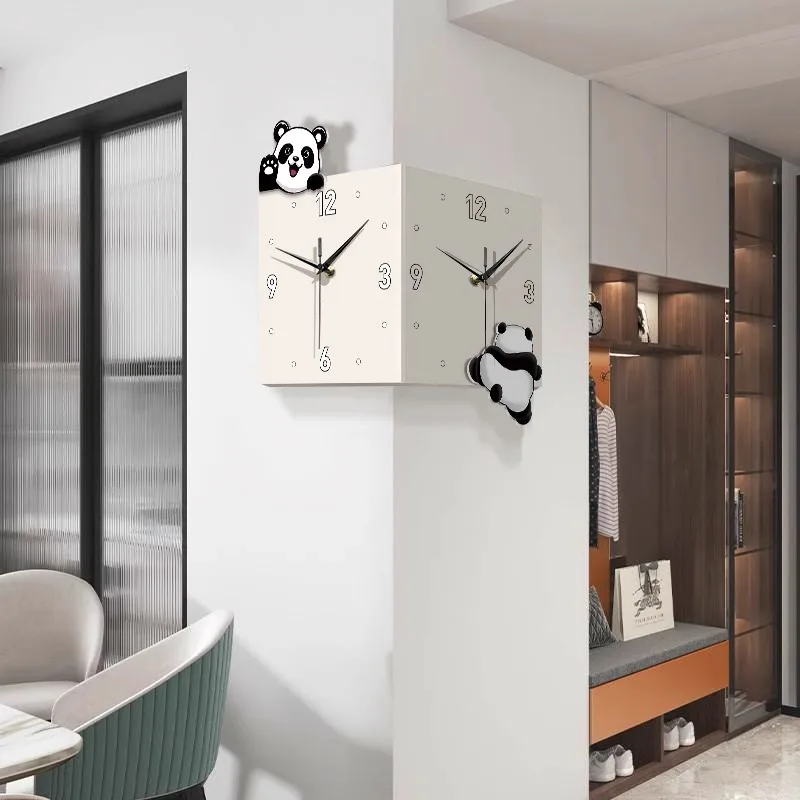 Living room creative corner double-sided wall clock no punching panda wall clock simple luminous clock wall lamp corner
