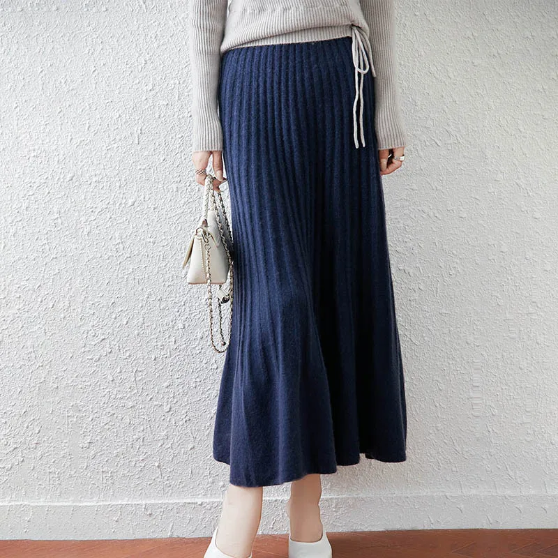 Women's 100% Pure Wool Skirt Autumn Winter Soild Mid-calf A-line Knitted Full Skirt High Waist Dress Elegant Basic High-end