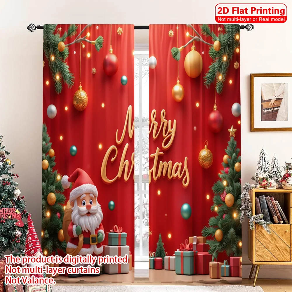 

2pcs 2D flat printing Christmas Party Curtain Merry Christmas Gifts Santa Fabric Without Electricity Birthday Party Use for