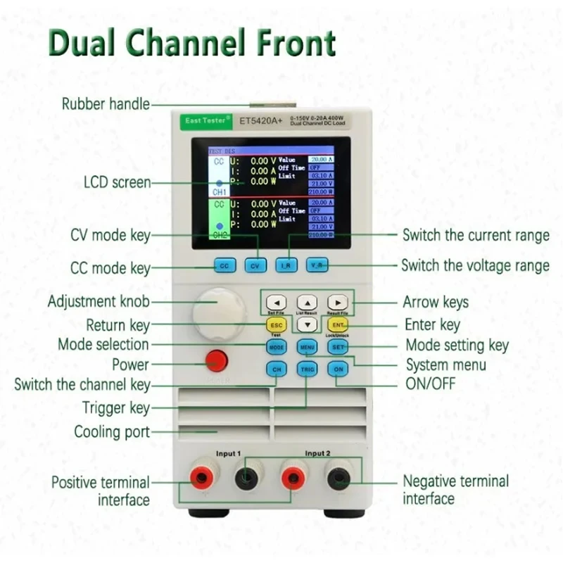 Imagem -03 - Carga Eletrônica Programável dc Single e Dual Channel Battery Capacidade Tester 16 Modos para Teste de Produto Envelhecimento 400w Et5410a