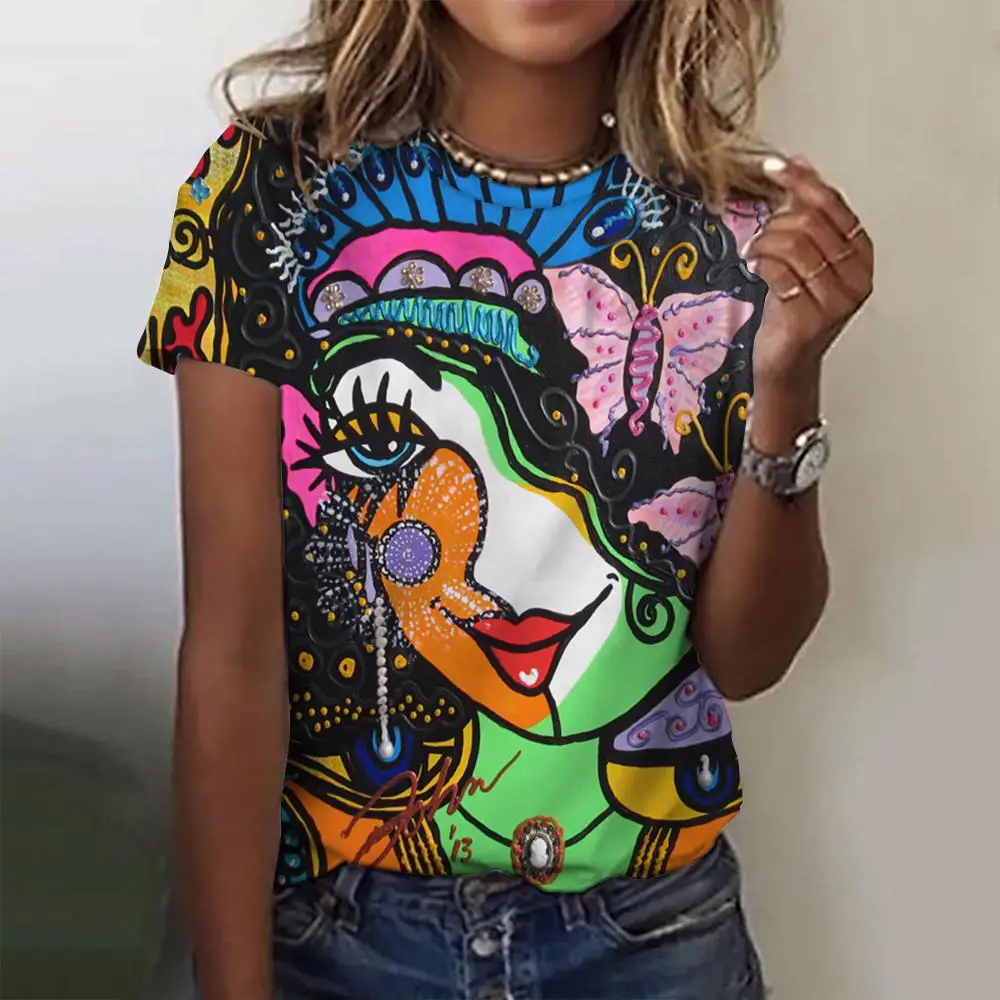 夏のファッショントップ女性 3d 花柄 Tシャツガールズフェイスペインティング原宿カラフルな美しい半袖 Tシャツ特大服