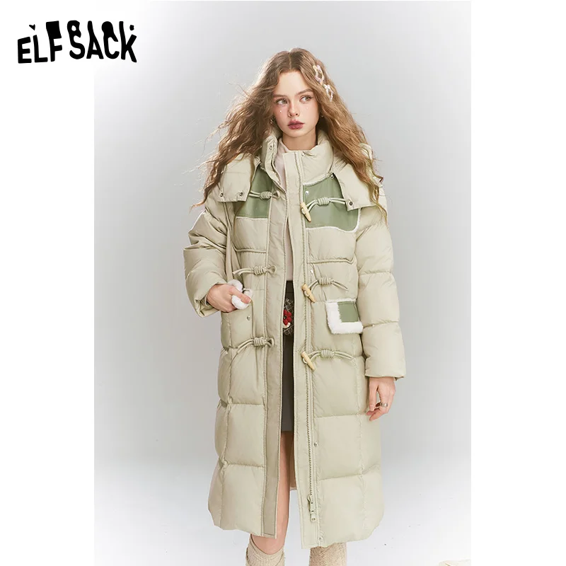 ELFSACK 2024 invierno nuevas llegadas chaqueta de plumón cálida con capucha de largo medio con estampado retro suelto para mujer