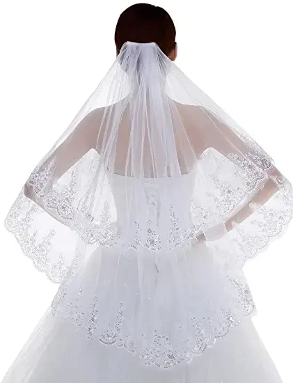 

2 Tier Lace Sequins Edge Fingertip Length Bridal Wedding Veil 2025