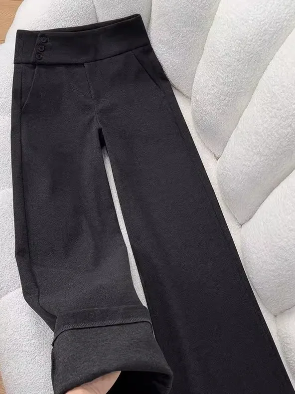 

Retro Grey Woolen Slim Wide Leg Pants Women's Autumn Winter Thickened Side Button Casual Straight Long Trousers