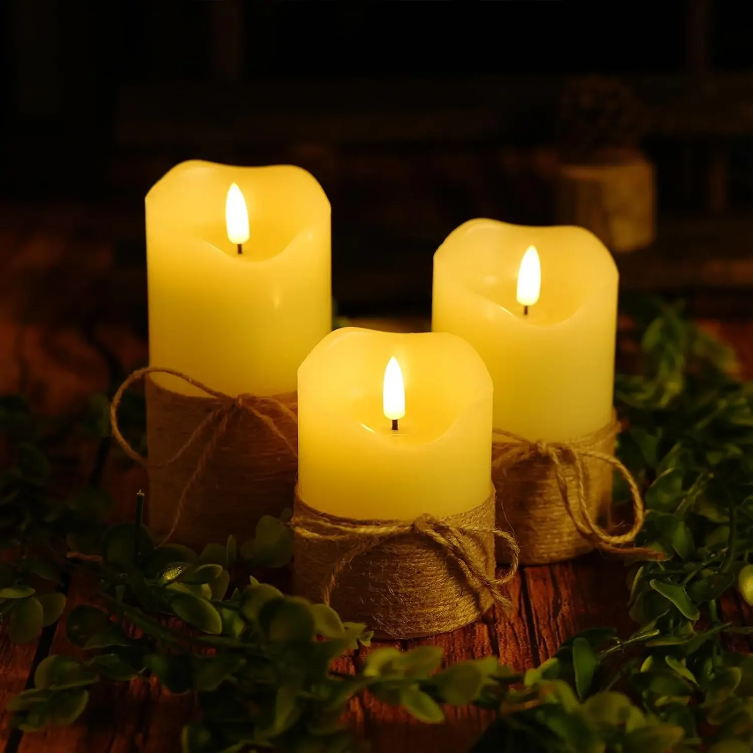 3 Pcs LED Pillar Candles, Rope String Wrapped Battery Operated Flameless Electric Candle Lamp for Wedding, Party Decorations