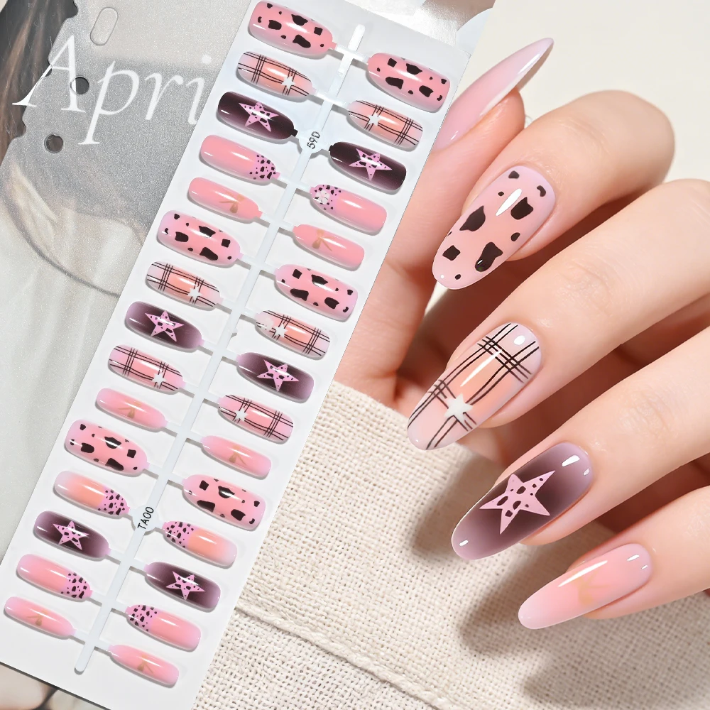 150Pcs Pink Blue Ombre Leopard Polka Dot Fake Nails French Tips Almond Press On Nail Cute Grid Bow Flower Design Flase Fingertip view 5