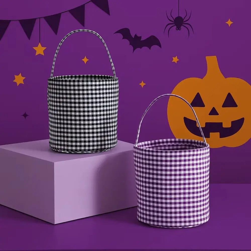 Trick or Treat Halloween Candy Basket Plaid Design Tote Bag Style Treat Bags Large Capacity Decoration Supplies