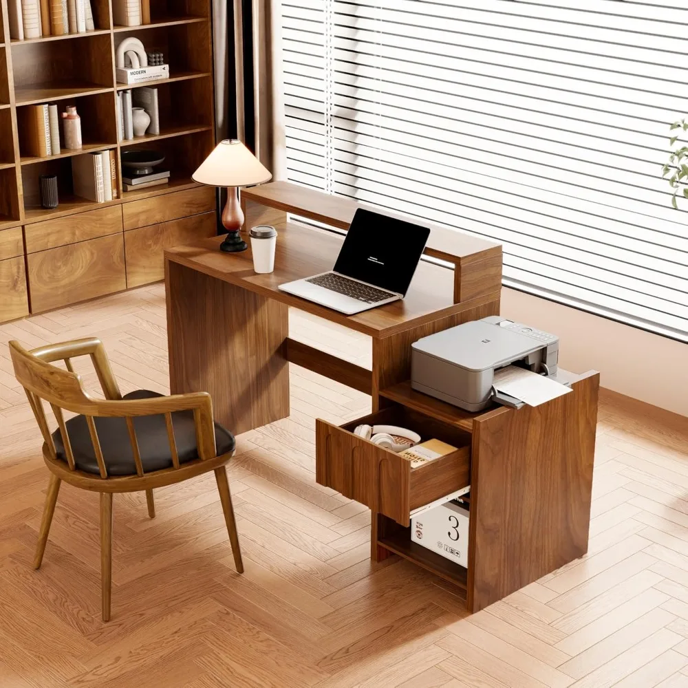 مكتب تنفيذي حديث من خشب الجوز في منتصف القرن، مكتب منزلي على طراز المزرعة مقاس 60 بوصة مع درج ورف للطابعة #6