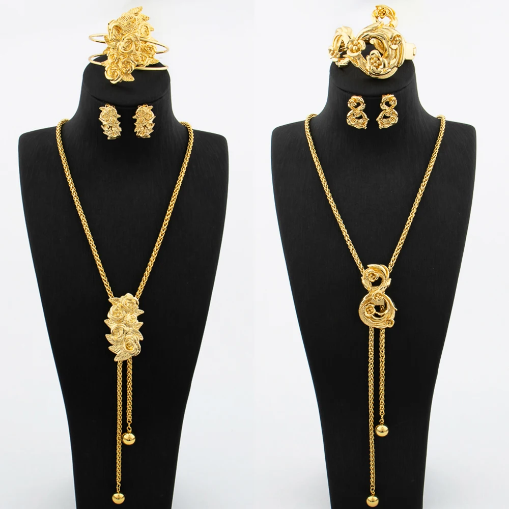 Gold Plated Jewelry Set for Women Adjustable Necklace Flower Shape Copper Earring Bracelet Rings Dubai African Wedding Jewellery