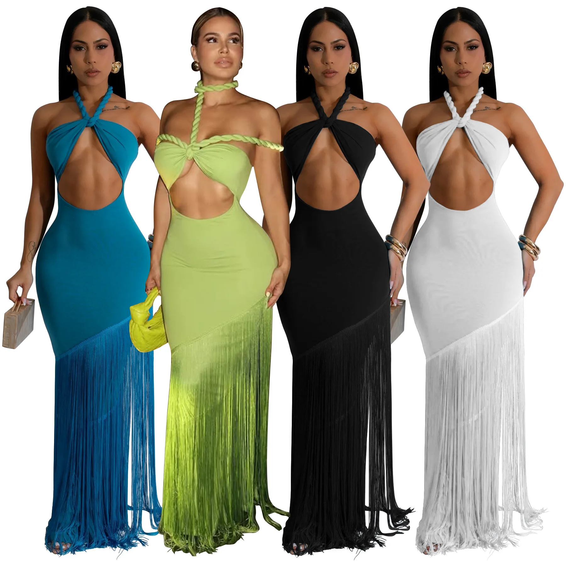 

European Style Sexy Backless Silk Satin Texture Swing Collar Dress Summer Lace-up Sleeveless Colorful Casual Dress