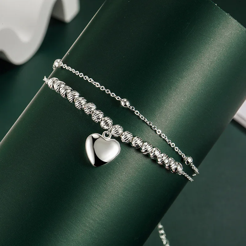 Sterling Silver Color Bracelets for Women Double Layers Heart Charm Hand Chain Link Orignal Fashion Jewelry With Stamp