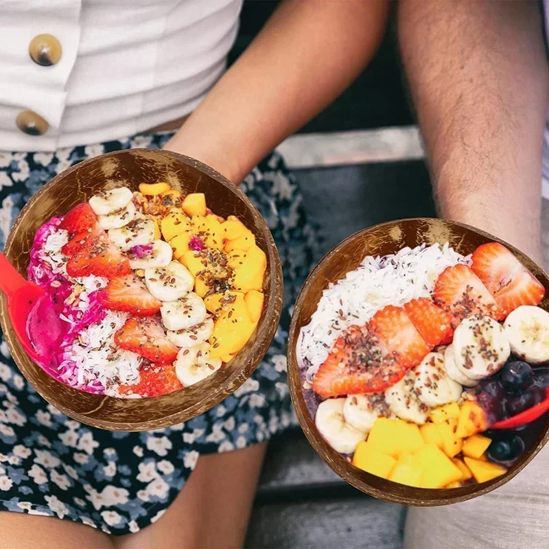 3 Sizes Natural Coconut Shell Bowl Coconut Bowl Wooden Bowls Light Food Container Fruit Salad Milkshake Dessert Bowl