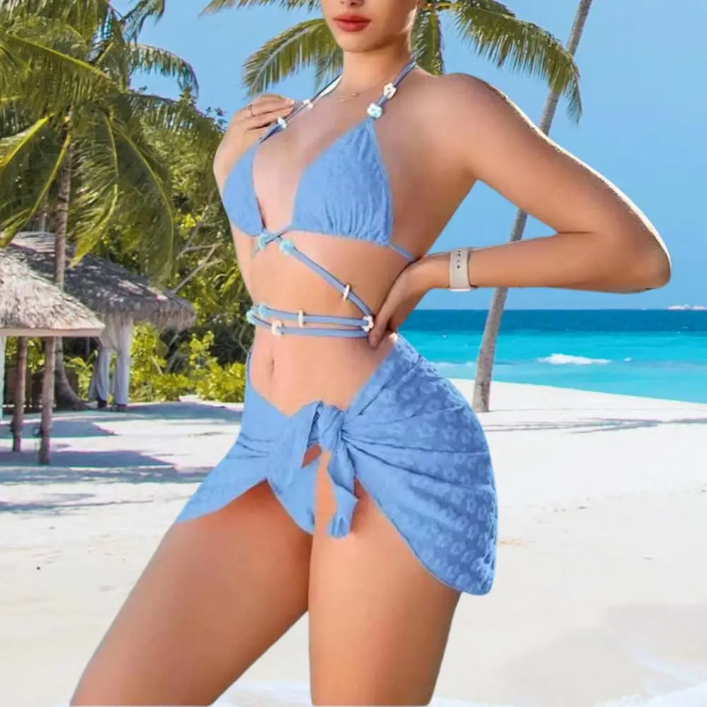 Stretchy Swimsuit Criss Cross Lace-up Bikini Set with Thong Cover Up Skirt Sexy Women's Swimwear for Beach Wear Bathing Suit Bra