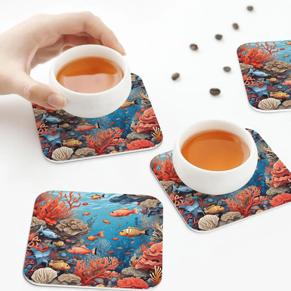 

«Коралловый риф и рыбы» Бесшовные подставки Кухонные салфетки Нескользящая изоляционная чашка Кофейные коврики Подушечки для посуды Набор из 4 шт.