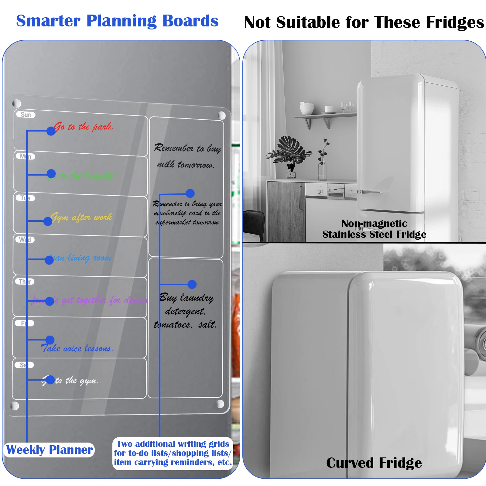 Reusable Fridge Magnetic Calendar Clear Acrylic Message Board Fridge Magnet Stickers Board with 6 Pens Weekly Planner Note Board