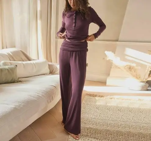 

Осенний женский однотонный комплект из двух предметов с круглым вырезом, топ с длинными рукавами и складные брюки с прямыми штанинами на талии