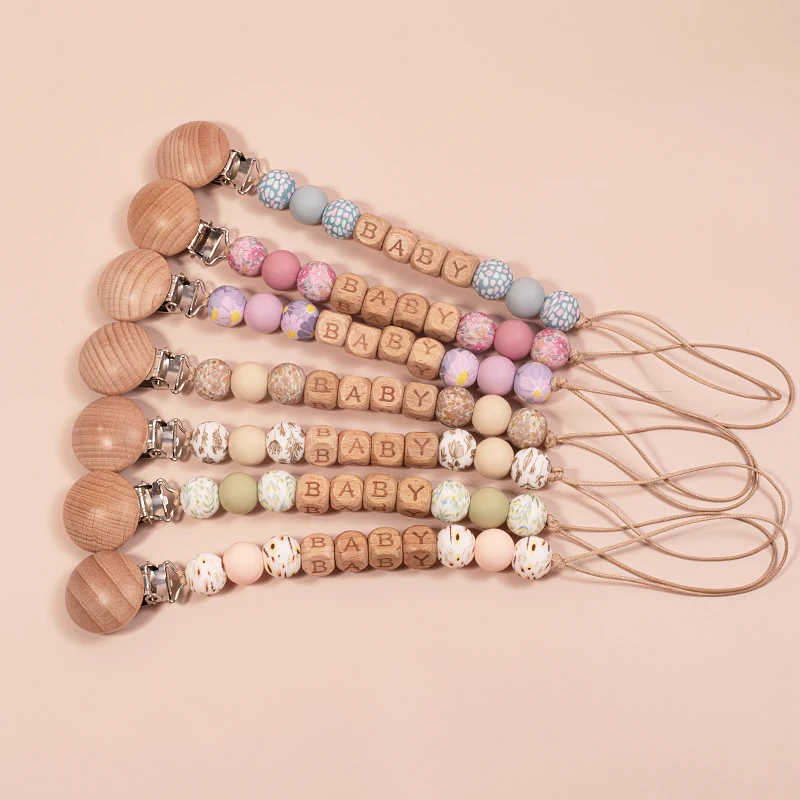 Clips para chupete de bebé con nombre personalizado, cadenas de cuentas de madera de silicona, mordedores, soporte para pezones, Clip, juguetes para la dentición para recién nacidos