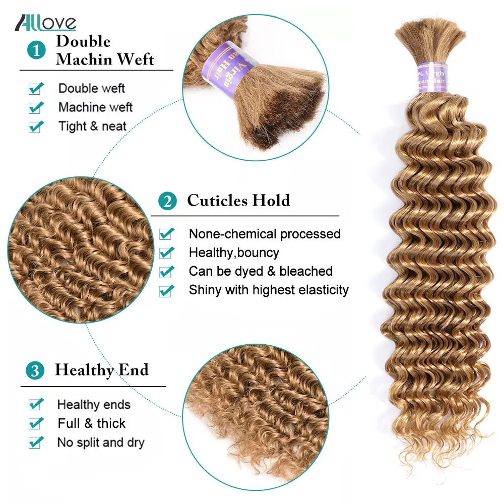 Allove 27# Honey Blonde Bulk For Braiding Brazilian Deep Wave Bulk Human Hair 1 3 4 Piece Colored Remy Hair Extensions For Women