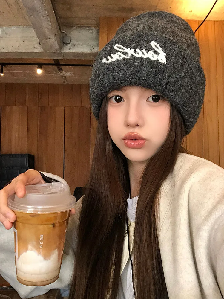 Korean Style Letter Embroidery Knitted Hat Women's Autumn Winter Ear Protection Warmth Small Face Effect Versatile Cold Hat