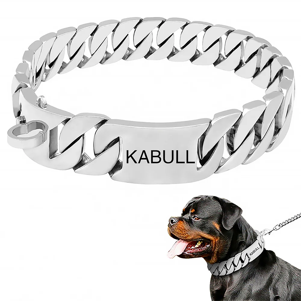 Personalized Dog Chain Collar Name Gold 32mm Wide Stainless Steel Chew Proof  Training Pet Chains Collars for Large Dogs