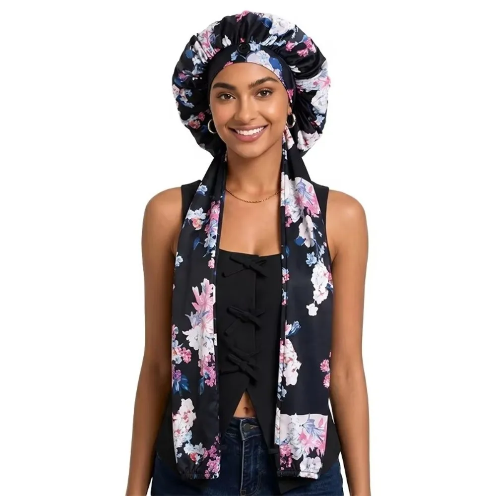 Ice Silk Heatless Curl Bonnet Elastic Band Printed Hair Care Wrap Satin Material Long Tube Design Satin Sleep Cap For Sleeping