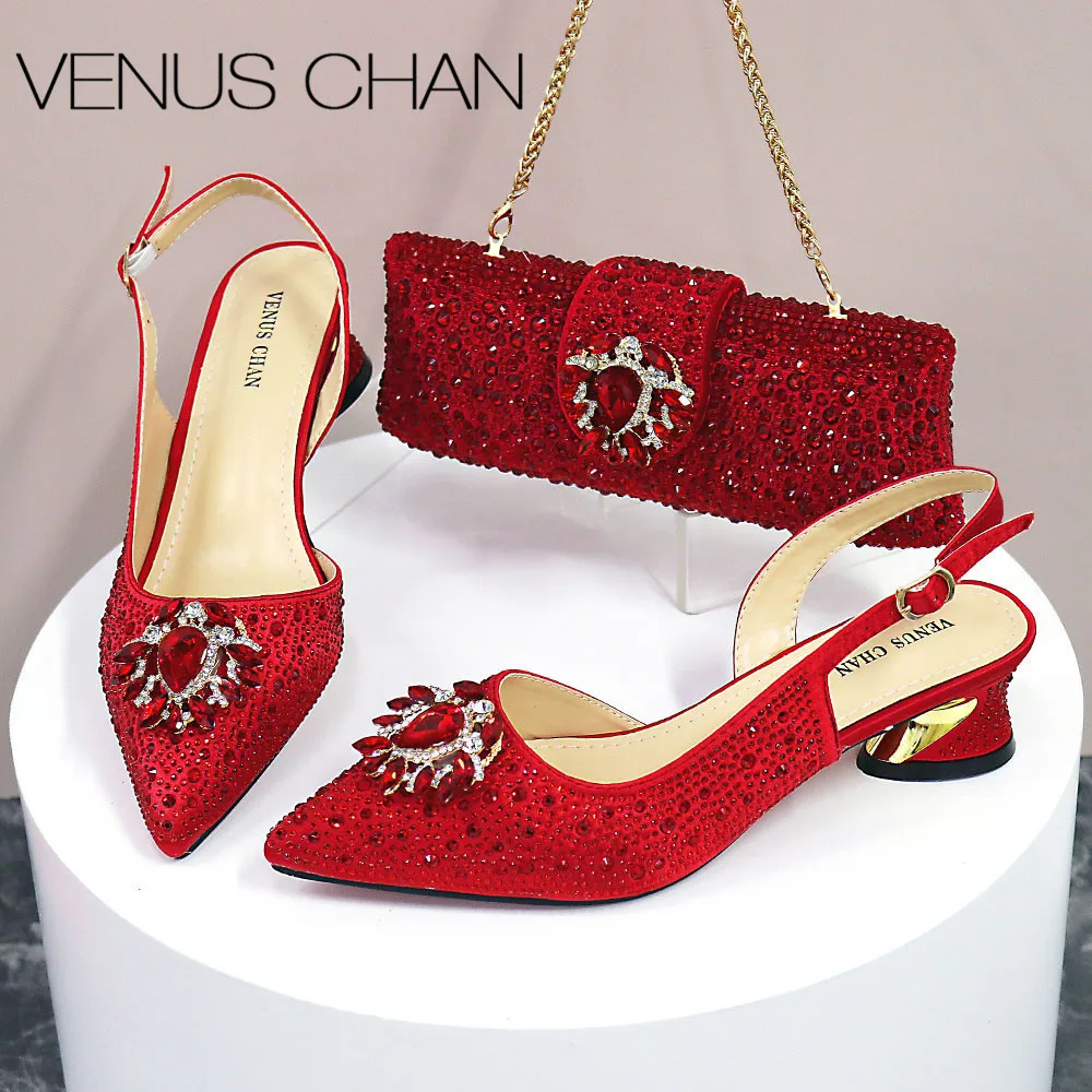 Sandals Woman Summer 2024 Hot Selling Design Pointed Toe Thin Heels Mature Ladies Shoes Matching Bag Set in Red Color