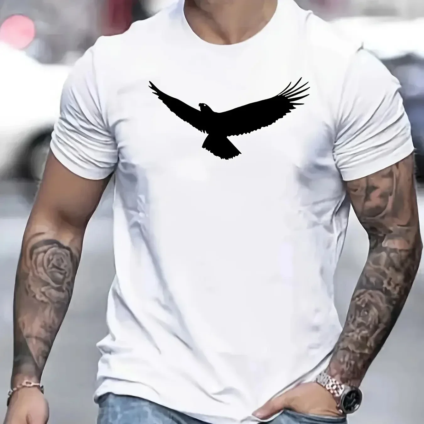 Men's summer loose eagle print short sleeve T-shirt Casual stylish crewneck top for everyday comfortable clothing