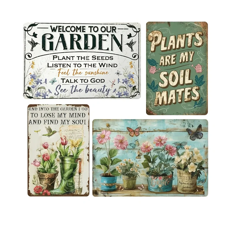2D Flat, 4pcs Vintage Garden Plants Flower Metal Signs Set, Welcome To Our Garden& Plants Are My Soil Mates Wall Decor Retro
