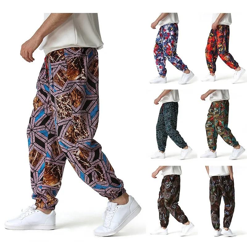 2024 Summer New Trendy Cotton Linen Printed Small Leg Pants for Men\'s Lantern Pants