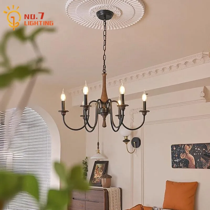 American Village Retro Pendant Lights LED E14 Solid Wood Iron Art Decoraitve Hanging Lamp Living/Dining Room Bedroom Hall Cafe