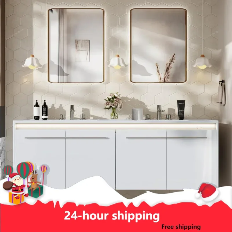 

60 "led floating bathroom double vanity with sink combo, modern high gloss wall mounted bathroom storage cabinet with 3 hole sin