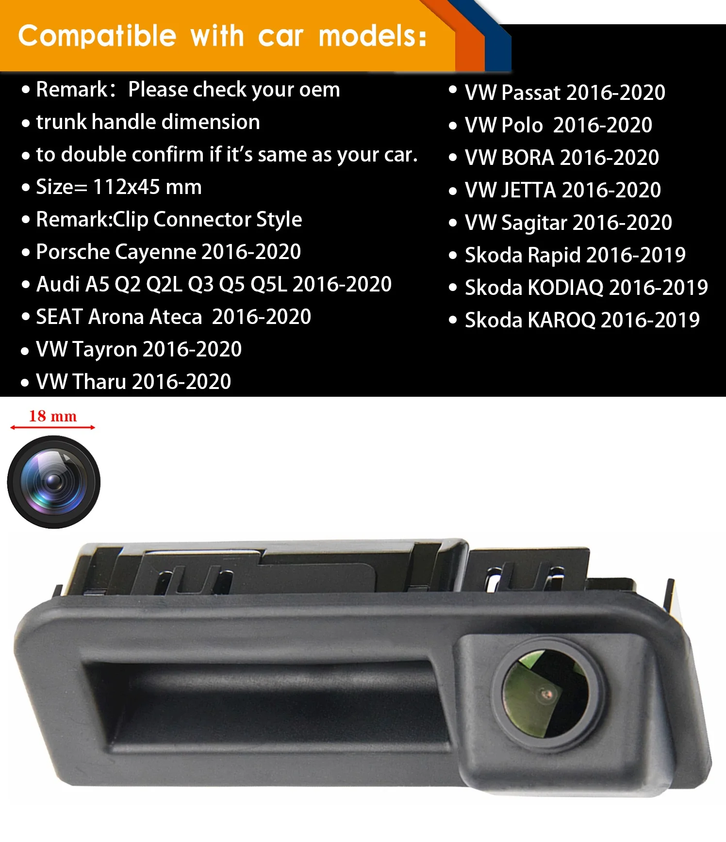 For Skoda Rapid SEAT Arona Ateca Polo sedan/Vento BORA/JETTA/Sagitar 2016-2018,HD 1280x720p Rear View Night Vision Backup Camera