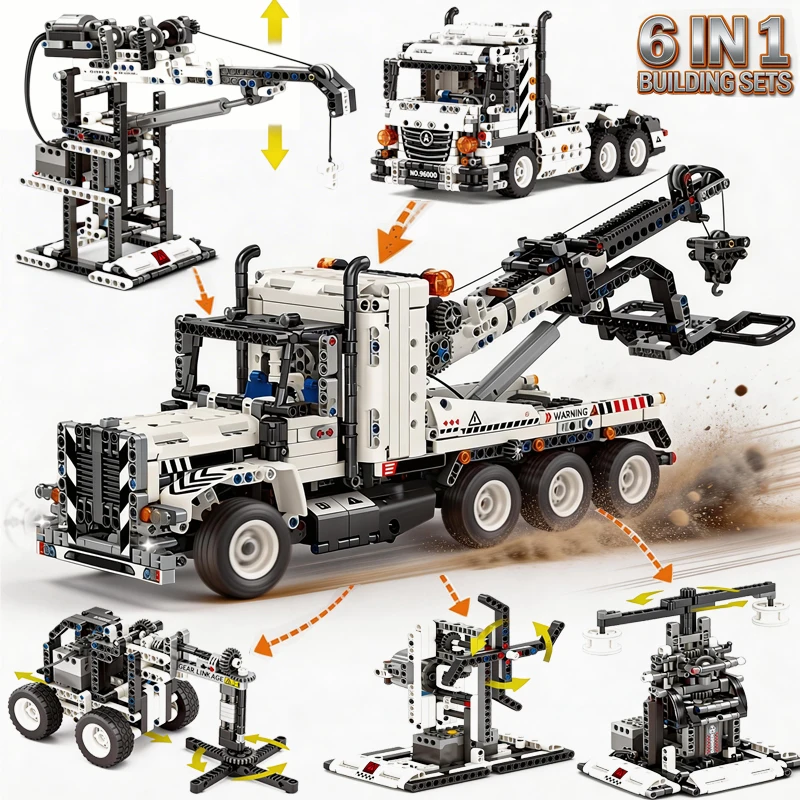 

Набор строительных блоков 6 в 1: городская техника, прицеп, тягач, технические кирпичики, модель, игрушки для детей, подарок на день рождения, MOC