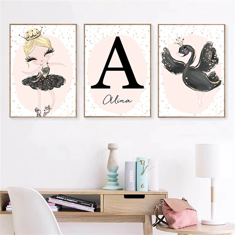 Cartoon Pink Black Swan Poster Baby Custom Name Canvas Painting Ballet Girl Wall Art Print Nursery Picture Kids Room Decoration