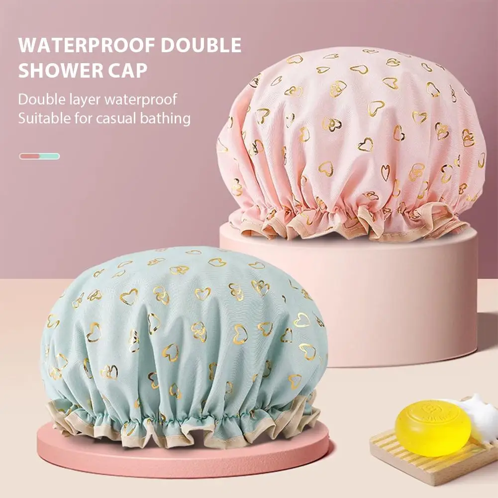 Gorros de ducha grandes reutilizables, impermeables, de doble capa, con coleteros para el cabello, para cabello largo y grueso, para mujeres