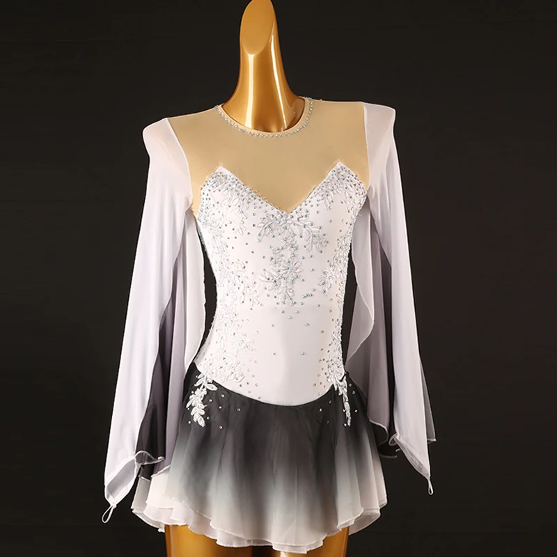 Figure Skating Dress white yellow burned flower Women girl Ice Skating Dress Gymnastics  white crystal rhinestone  B256 ballet