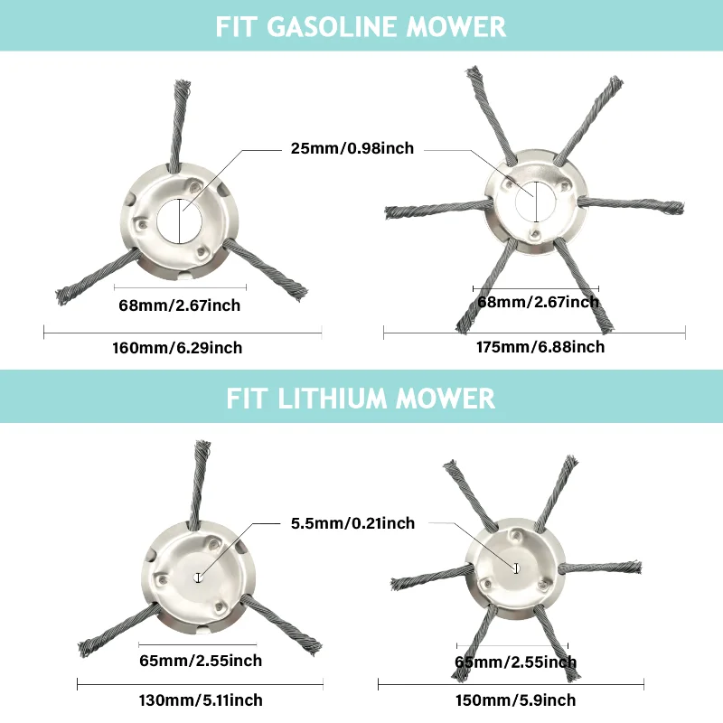 Steel Wire Wheel Grass Trimmer Head, Universal Weed Brush, eixo reto, Remoção Moss Ferrugem, Remoção de ferrugem, 6 \