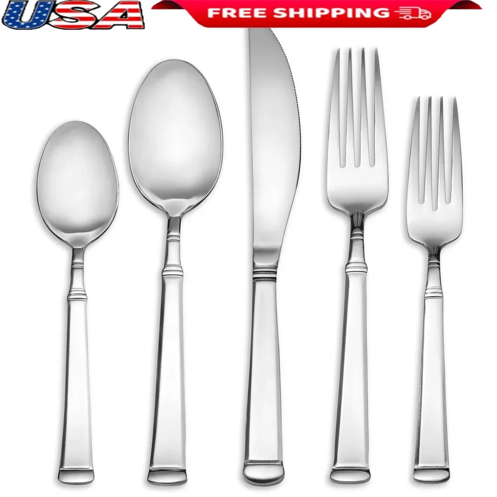 

20 Piece Stainless Steel Flatware Set Service 4 Mirror Finish Elegant Dining Utensils Sculpted Ring Design