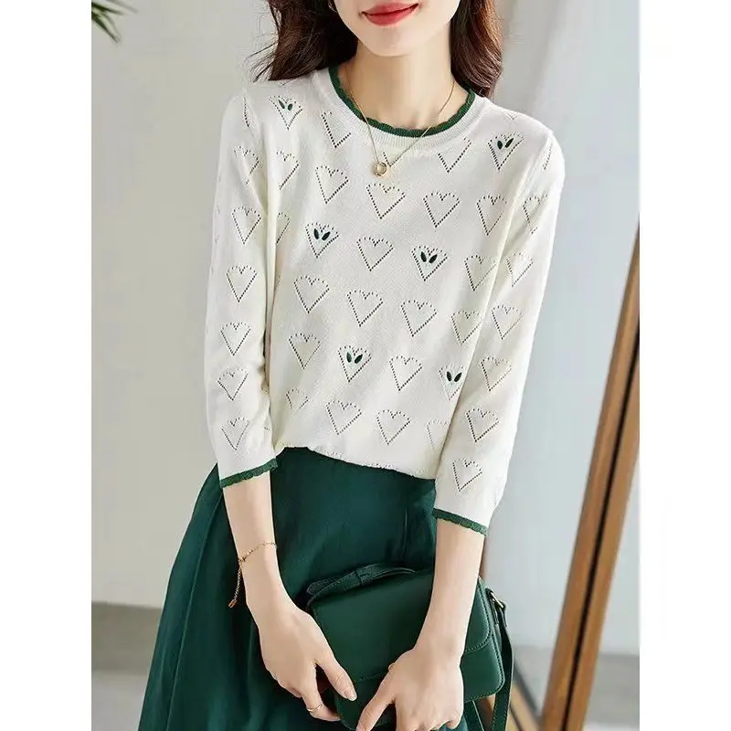 Women Clothing Solid Patchwork Pick Hole Knit Pullovers Spring Summer Casual Loose All-match Sweater Office Lady Chic O-neck Top