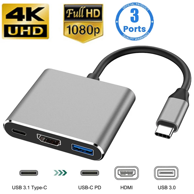 3 In 1 Usb-C Usb Hub Male To Female Hdmi-Compatible 4k Usb 3.1 Type-C To Usb 3.0 Charging Adapter For Macbook Air 12 Converter