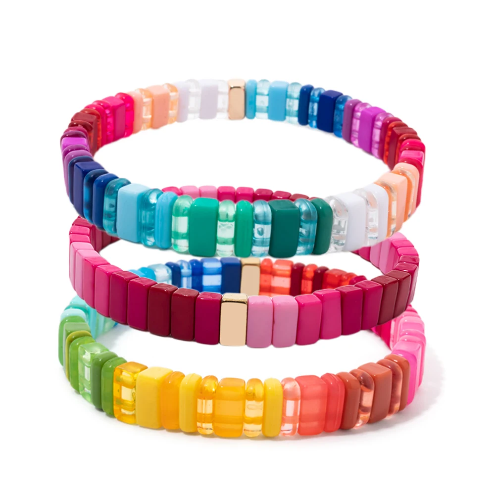 Red Blue Yellow Color Beaded Elastic Bangle For Women Crisp Colorful Boho Beads Wrap Layered Bangle Sets